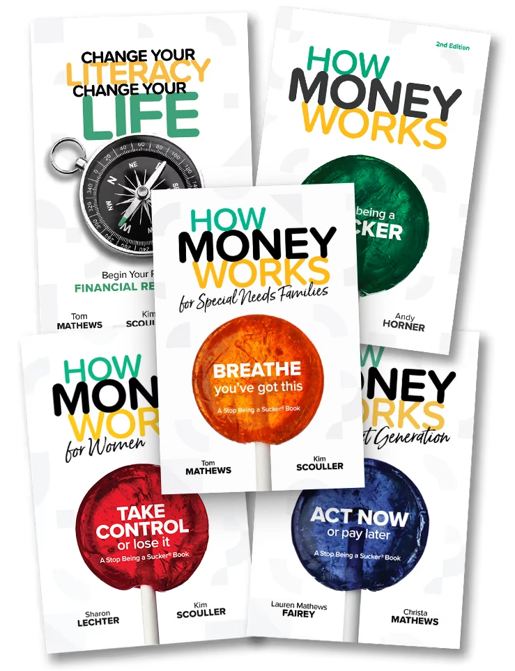 TheMoneyBooks: five books, with How Money Works for Special Needs Families in front