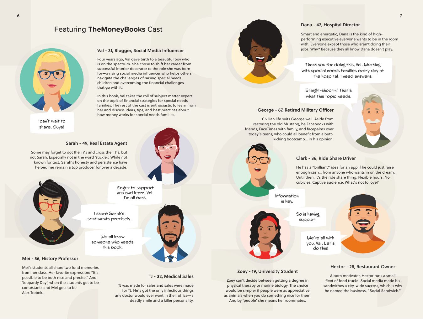 Book spread introducing TheMoneyBooks cast