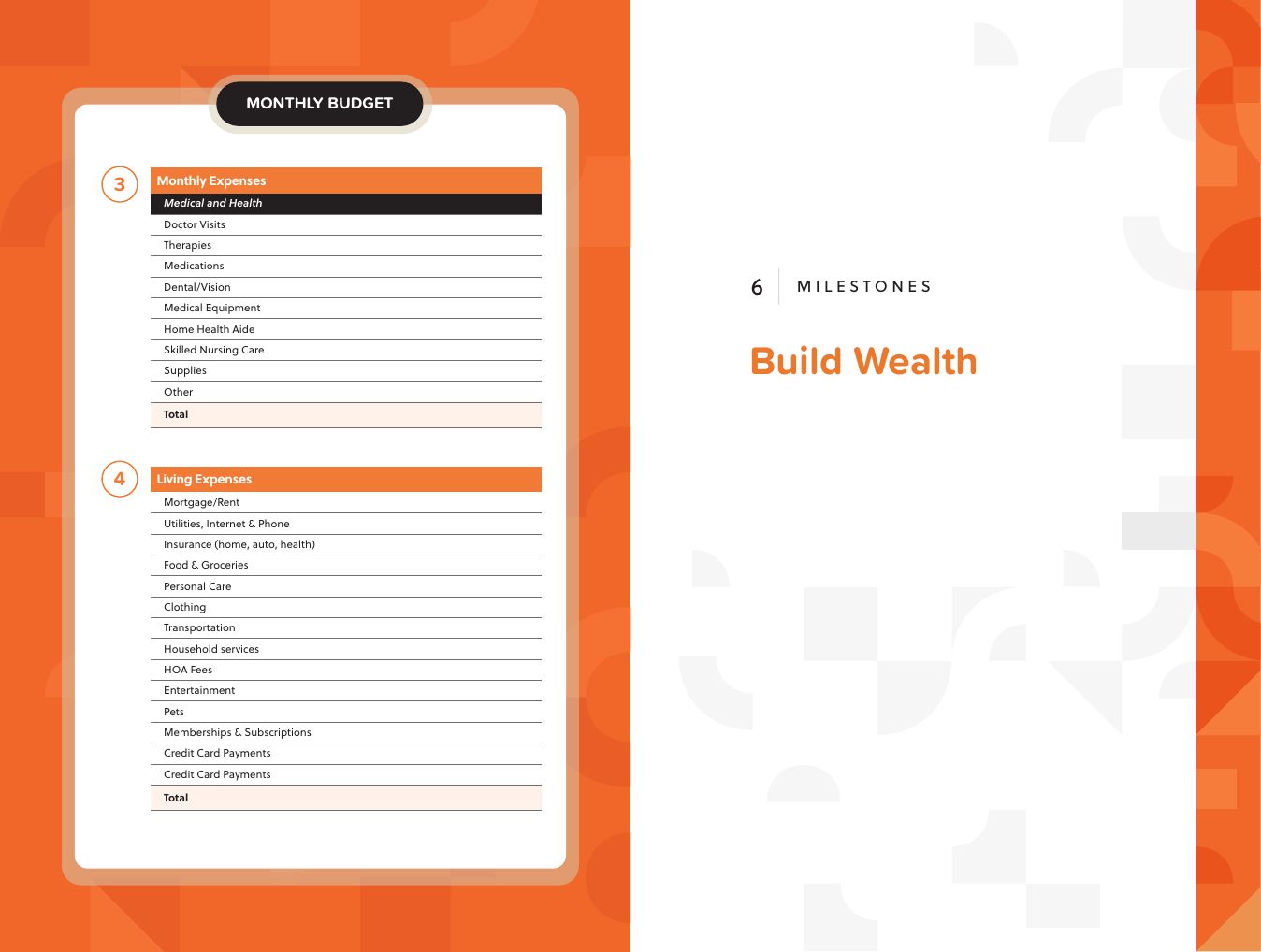 Book spread with a monthly budget built for special needs families