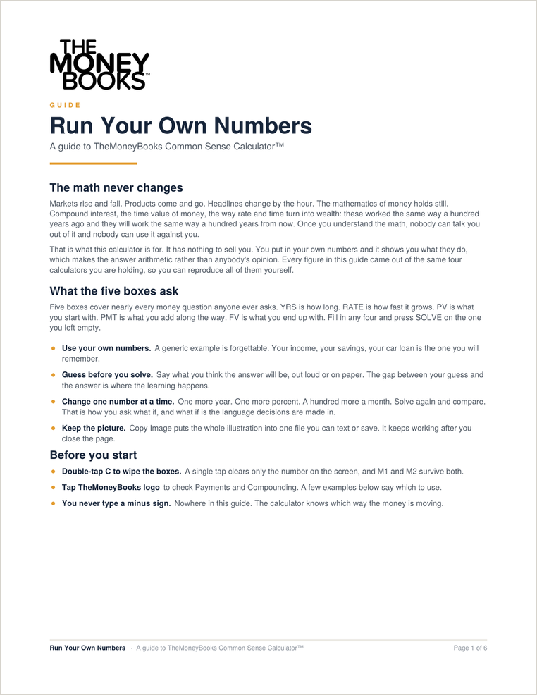 Cover of Run Your Own Numbers, a guide to TheMoneyBooks Common Sense Calculator